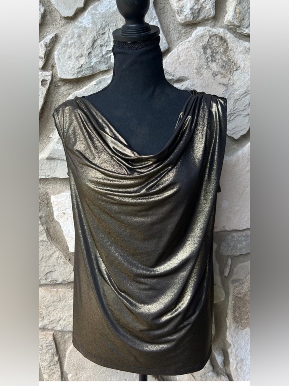 Trina Turk Gold Lame Top Size Large Draped Collar Sleeveless NEW